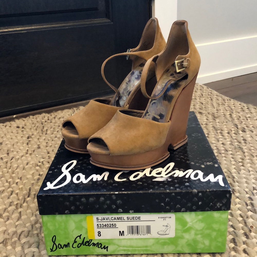 Camel suede wedges.